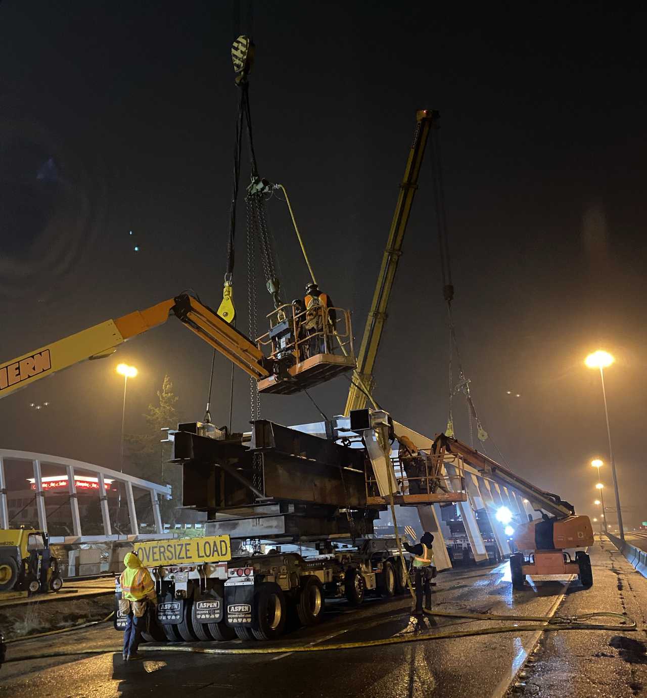 unloading girder at night
